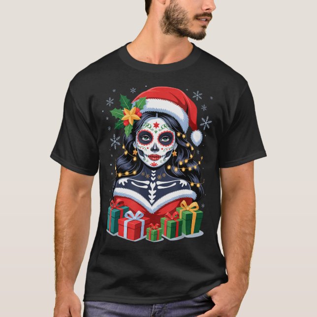 Christmas Sugar Skull Art Woman Santa Hat Festive  T-Shirt (Front)