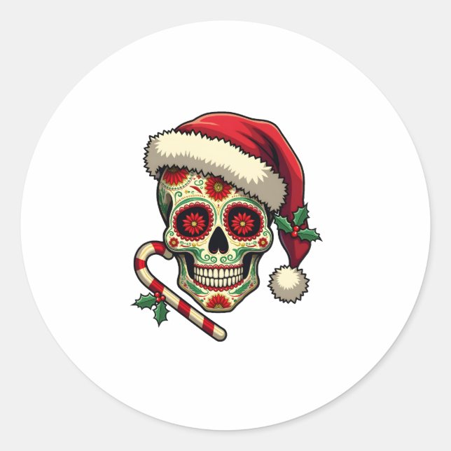 Christmas Sugar Skull Santa Hat Day Of The Dead Xm Classic Round Sticker (Front)