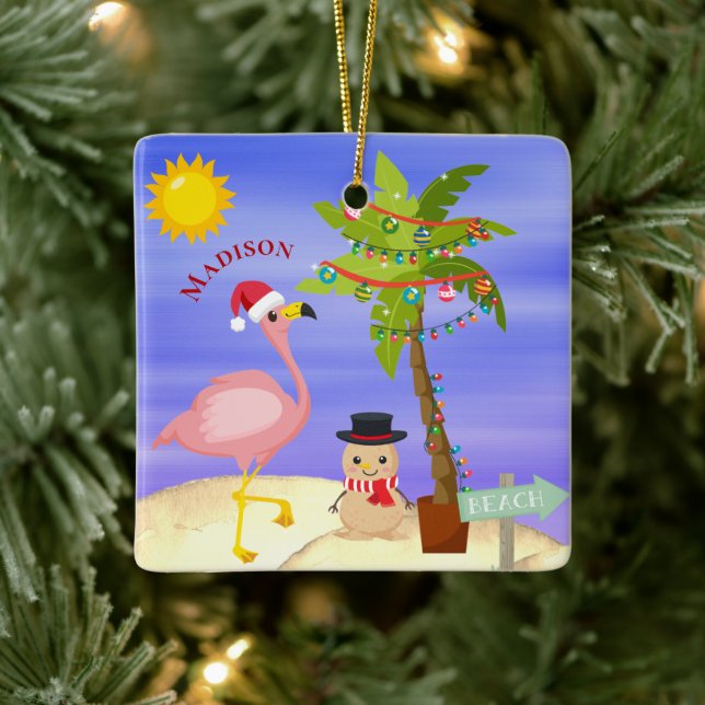 Christmas Summer Flamingo Beach Personalized Name Ceramic Ornament (Tree)