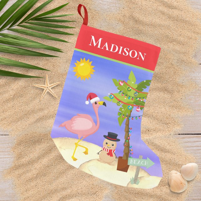 Christmas Summer Flamingo Beach Personalized Name Small Christmas Stocking (Creator Uploaded)