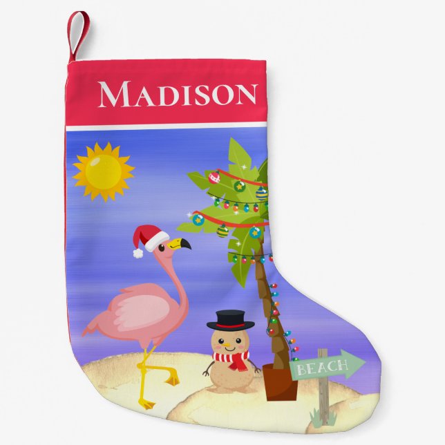 Christmas Summer Flamingo Beach Personalized Name Small Christmas Stocking (Front)