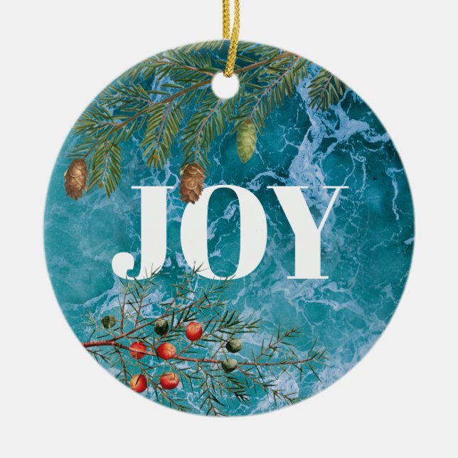 Christmas Summer Ocean Beach Joy  Ceramic Ornament (Front)