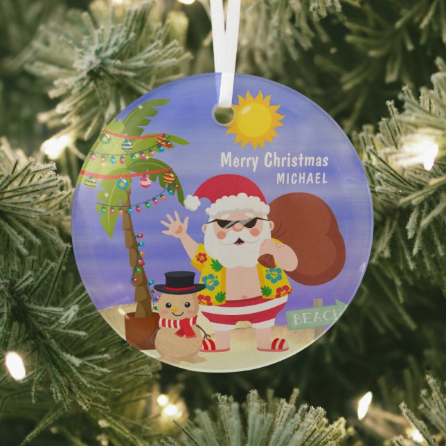 Christmas Summer Santa Beach Holidays Personalized Glass Ornament (Insitu)