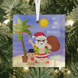 Christmas Summer Santa Beach Holidays Personalized Glass Ornament