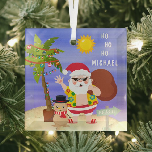 Christmas Summer Santa Beach Holidays Personalized Glass Ornament (Insitu)