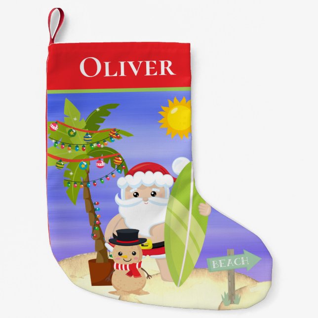 Christmas Summer Santa Beach Surfing Personalized Small Christmas Stocking (Front)