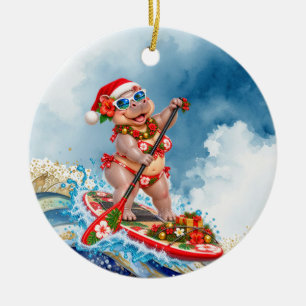 Christmas SUP Hippo stand up Paddleboarding Ceramic Ornament