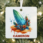 Christmas Surfboard Custom Name  Metal Ornament<br><div class="desc">Ride the Holiday Wave with a Personalized Surfing Ornament! Catch the holiday spirit with this festive ornament designed for surfing enthusiasts! Featuring a surfboard nestled in the sand, encircled by a vibrant holiday wreath adorned with ornaments, poinsettias, and greenery, all in a beautiful watercolor style, this ornament brings beach vibes...</div>