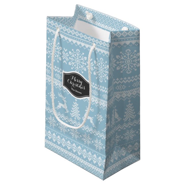 Christmas sweater blue fair isle pattern monogram small gift bag (Front Angled)