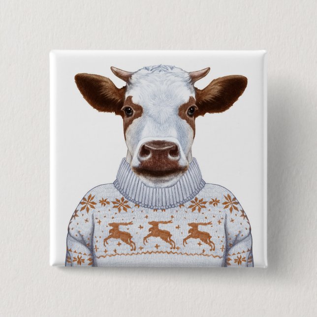 Christmas Sweater Cow 2 Inch Square Button (Front)