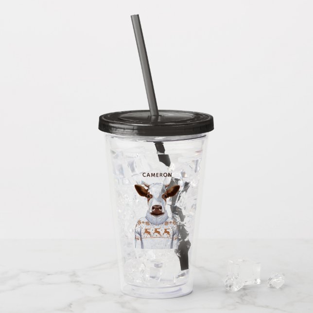 Christmas Sweater Cow | Add Your Name Acrylic Tumbler (Front Ice)