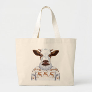 Christmas Sweater Cow Large Tote Bag