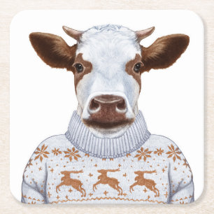 Christmas Sweater Cow Square Paper Coaster