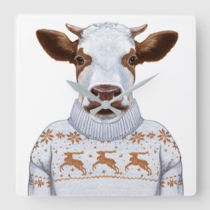 Christmas Sweater Cow Square Wall Clock