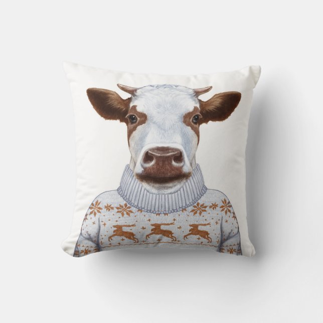 Christmas Sweater Cow Throw Pillow (Front)