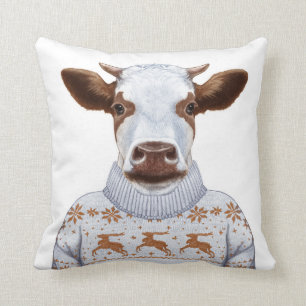Christmas Sweater Cow Throw Pillow