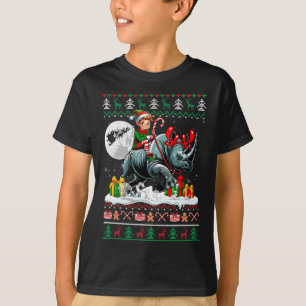 Christmas Sweater Elf Riding Rhino Matching Kids T