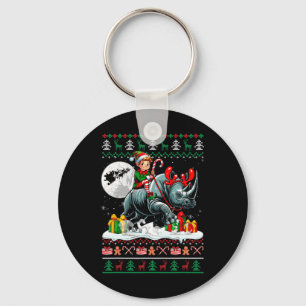 Christmas Sweater Elf Riding Rhino Matching Kids T Keychain