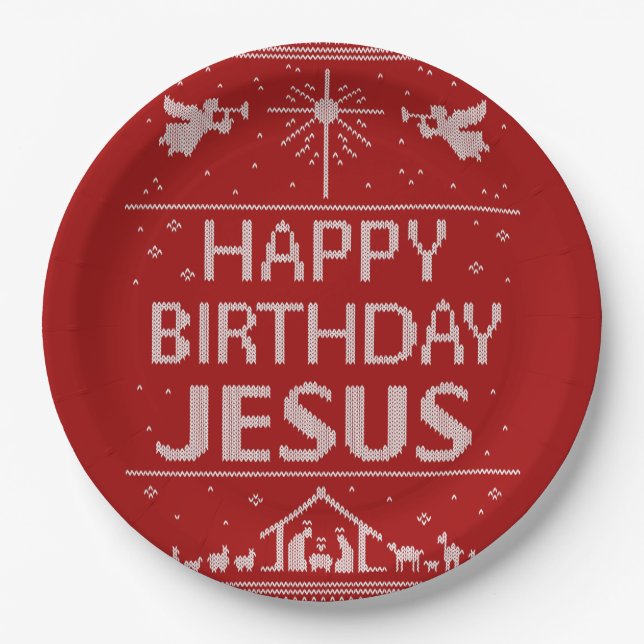 Christmas Sweater Happy Birthday Jesus Christian Paper Plate (Front)