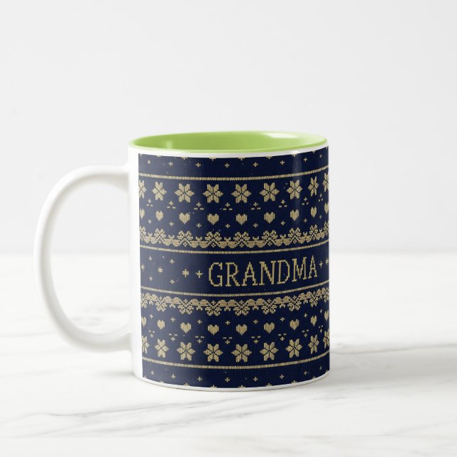 Christmas Sweater Knit Pattern — Grandma Two-Tone Coffee Mug (Left)