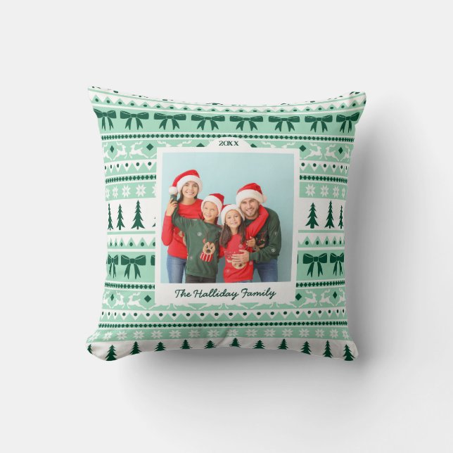 Christmas Sweater Pattern and 2 Photo Family  Throw Pillow (Front)