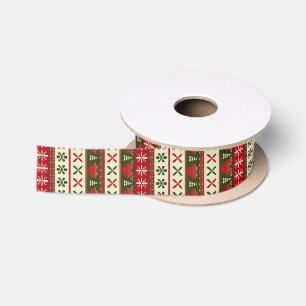 Christmas Sweater Pattern Red & Green Hearts Satin Ribbon