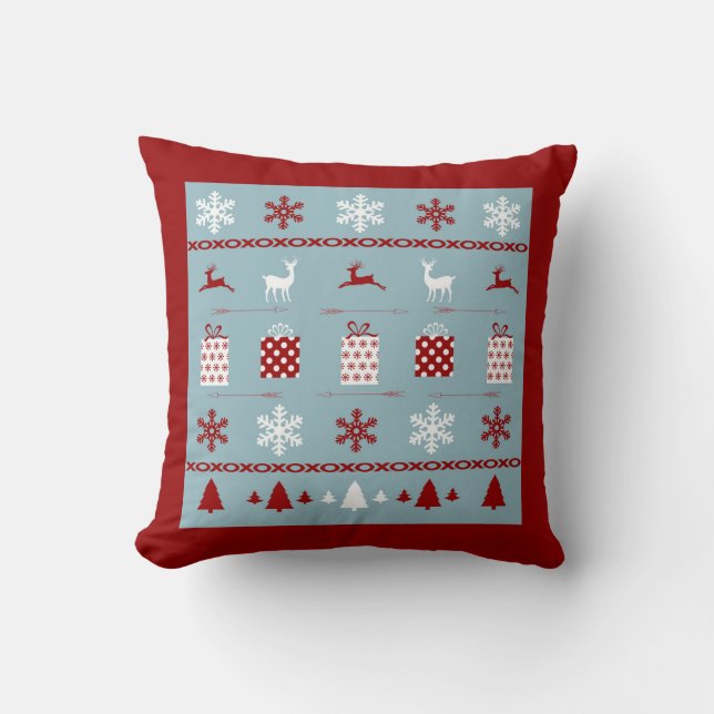 Christmas Sweater Pattern, white, red and blue Throw Pillow (Front)