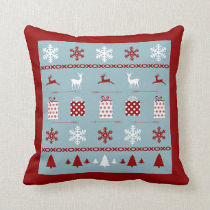 Christmas Sweater Pattern, white, red and blue Throw Pillow