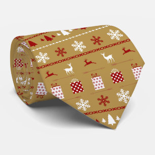 Christmas Sweater Pattern, white, red on gold Tie