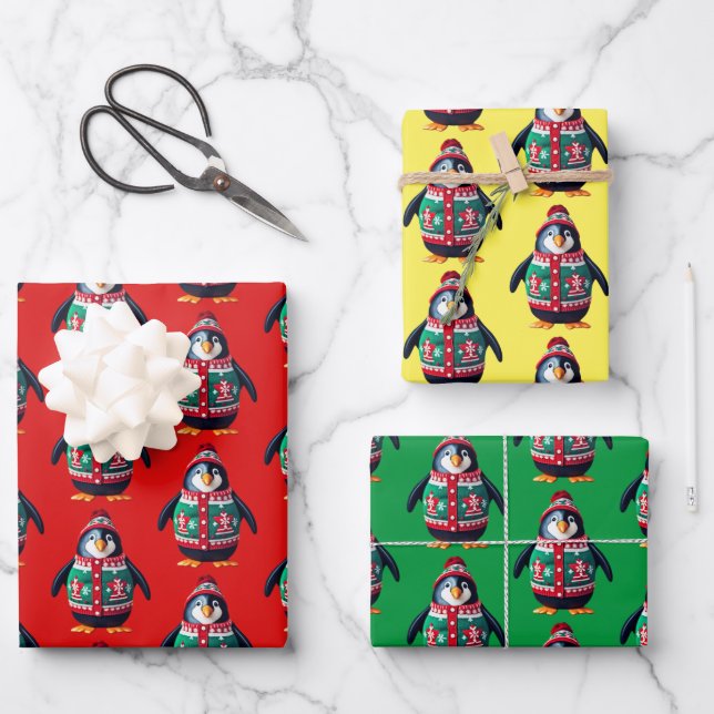 Christmas Sweater Penguin  Wrapping Paper Sheet (Front)
