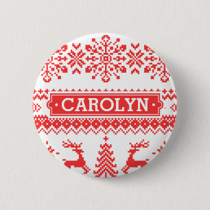 Christmas sweater red fair isle pattern monogram 2 inch round button