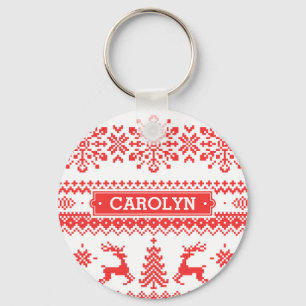 Christmas sweater red fair isle pattern monogram keychain
