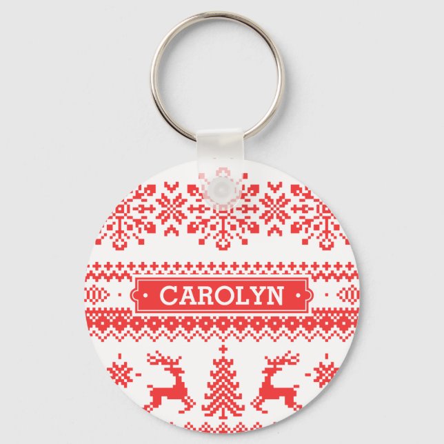 Christmas sweater red fair isle pattern monogram keychain (Front)