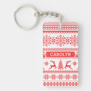 Christmas sweater red fair isle pattern monogram keychain