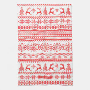 Christmas sweater red fair isle pattern monogram kitchen towel