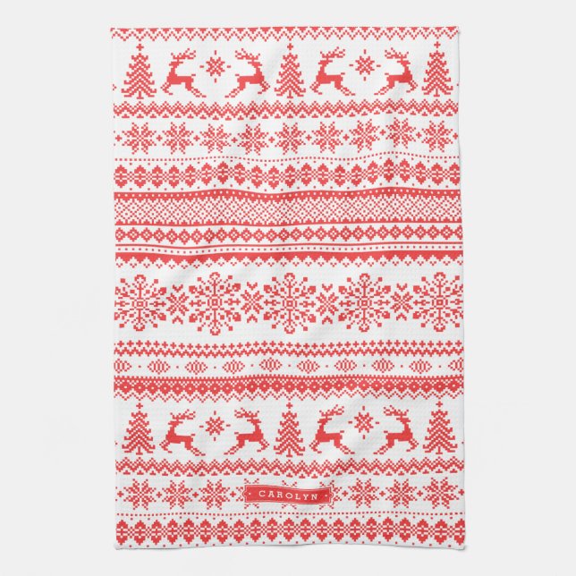 Christmas sweater red fair isle pattern monogram kitchen towel (Vertical)