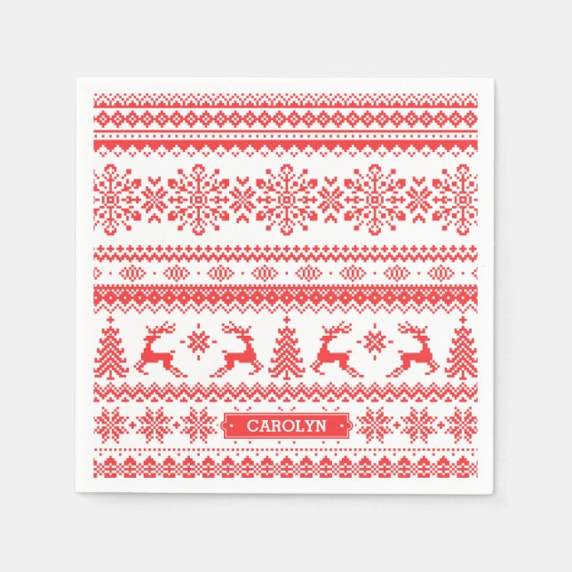 Christmas sweater red fair isle pattern monogram napkin (Front)