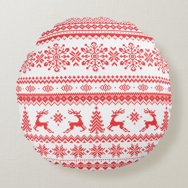 Christmas sweater red fair isle pattern monogram round pillow (Front)