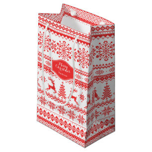 Christmas sweater red fair isle pattern monogram small gift bag