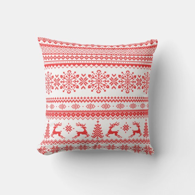 Christmas sweater red fair isle pattern monogram throw pillow (Front)