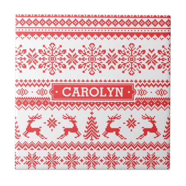 Christmas sweater red fair isle pattern monogram tile (Front)