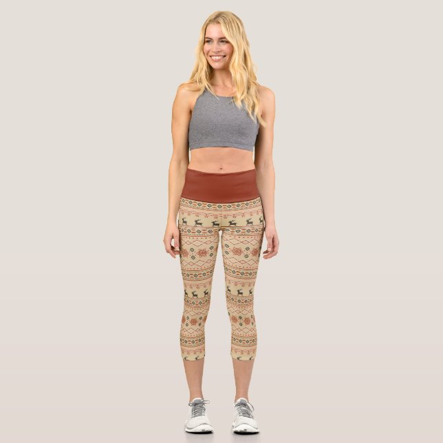 Christmas Sweater Reindeer Pattern Capri Leggings (Front)