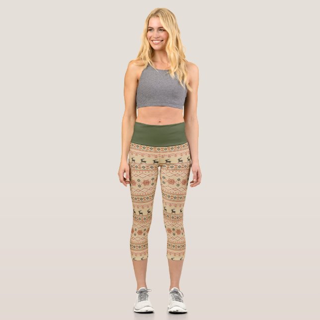 Christmas Sweater Reindeer Pattern Capri Leggings (Front)