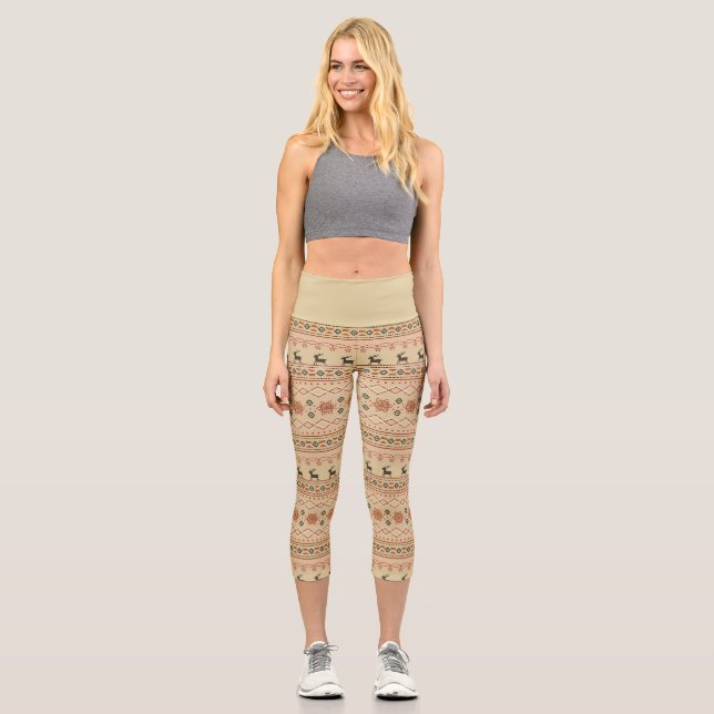 Christmas Sweater Reindeer Pattern Capri Leggings (Front)