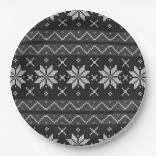 Christmas Sweater Scandinavian Knit Black Grey Paper Plate