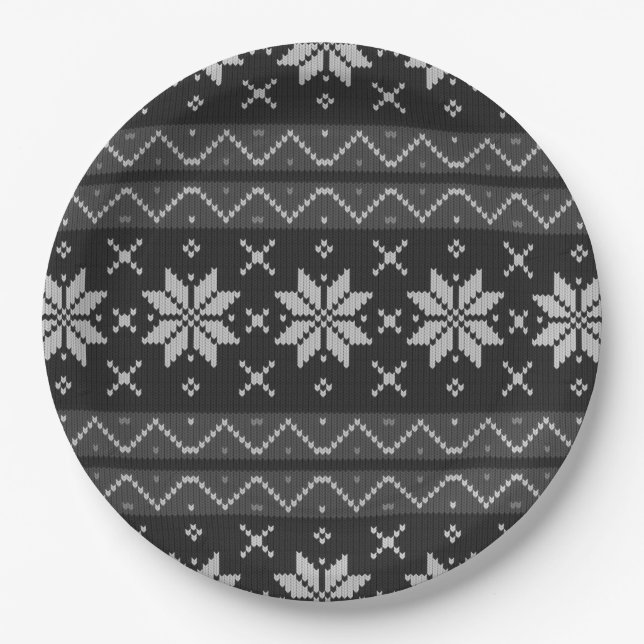 Christmas Sweater Scandinavian Knit Black Grey Paper Plate (Front)