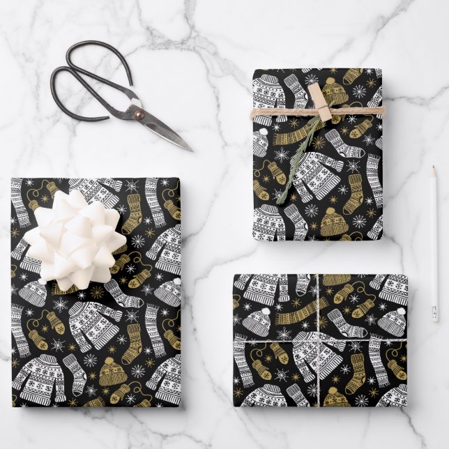 Christmas Sweater Socks Hat Gloves Snowflakes Wrapping Paper Sheet (Front)