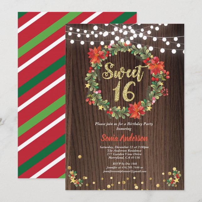 Christmas sweet 16 birthday wreath rustic invitation (Front/Back)