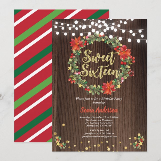 Christmas sweet 16 birthday wreath rustic invitation (Front/Back)