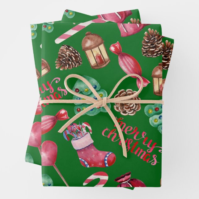 Christmas Sweets and Decorations Green  Wrapping Paper Sheet (In situ)
